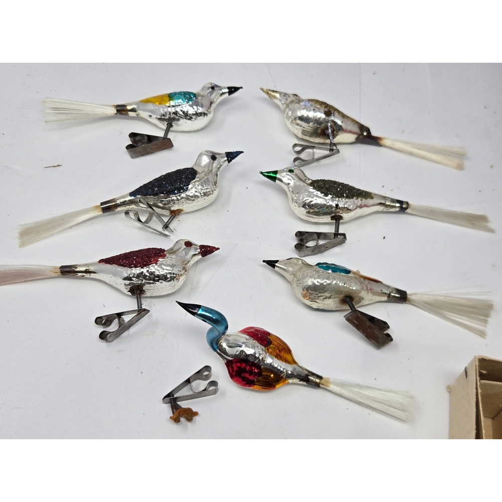 Vintage Mercury Glass Bird Christmas Ornaments Set of 7 Spun Glass Tails Clips